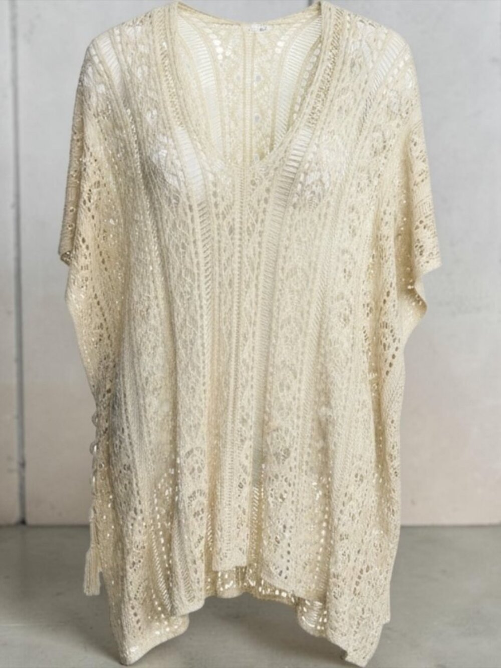 Cream Crochet V-Neck Boho Tunic Top/Vest - Size L